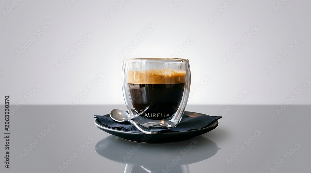 Naklejka premium Espresso shot in transparent glass cup on reflective black saucer minimalist setting
