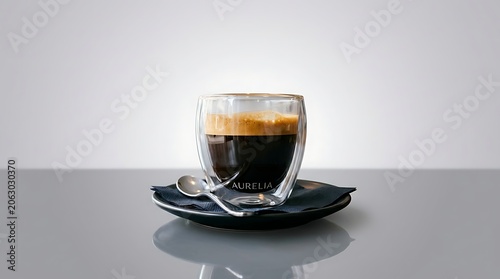 Espresso shot in transparent glass cup on reflective black saucer minimalist setting
