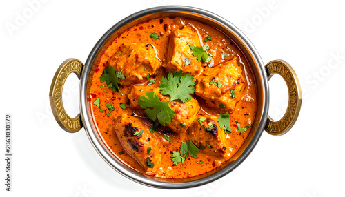 Isolated bowl of chicken tikka masala with fresh cilantro garnish, authentic indian curry, spicy flavorful dish, traditional metal serving pot