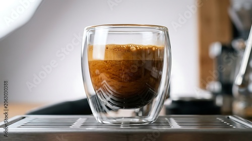 Espresso shot served in clear glass cup on wooden table with warm lighting
