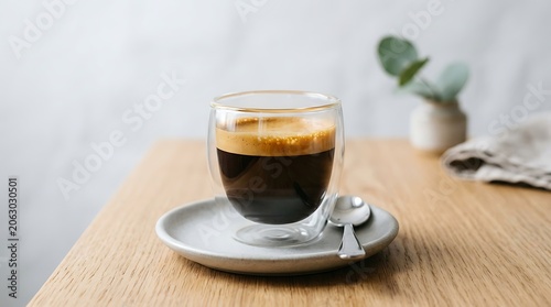 Fresh espresso shot with crema served on wooden table in bright natural light