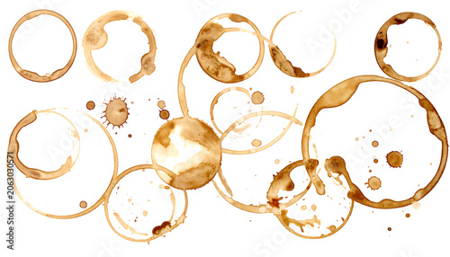 Isolated coffee cup stains and ring marks, messy brown caffeine splatters, beverage spills for grunge texture overlay