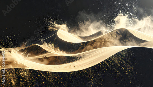 golden glitter waves flowing through dark space, abstract motion particles, energy flow, luxury texture background