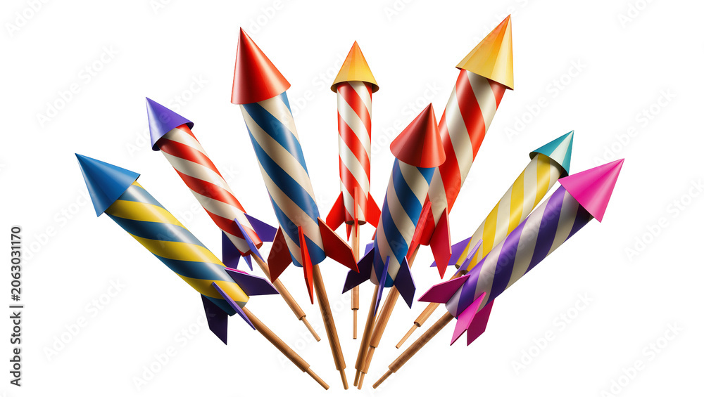 Fototapeta premium Colorful striped fireworks rockets with pointed tips and fins