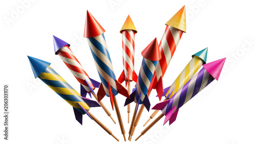 Colorful striped fireworks rockets with pointed tips and fins