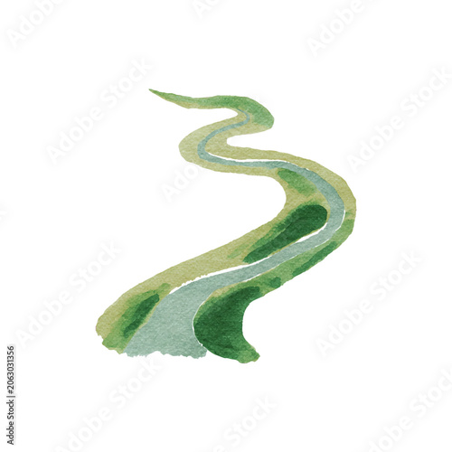 Green winding watercolor brushstroke with serpentine curve.