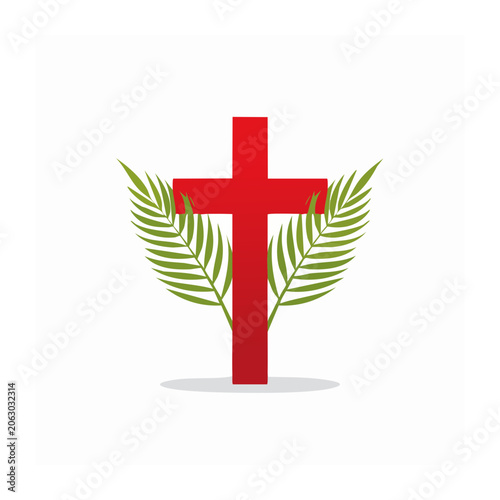 Red Christian Cross with Green Palm Leaves
