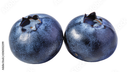 Two ripe blueberries with star-shaped calyx remnants, isolated on transparent background