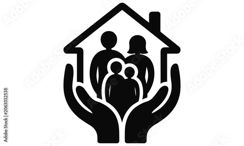 Minimalist black icon showing a family silhouette protected inside a house shape held by two large caring human hands