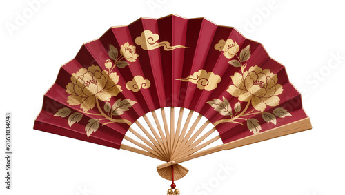 Fotografie Red folding fan with golden peony flowers and clouds