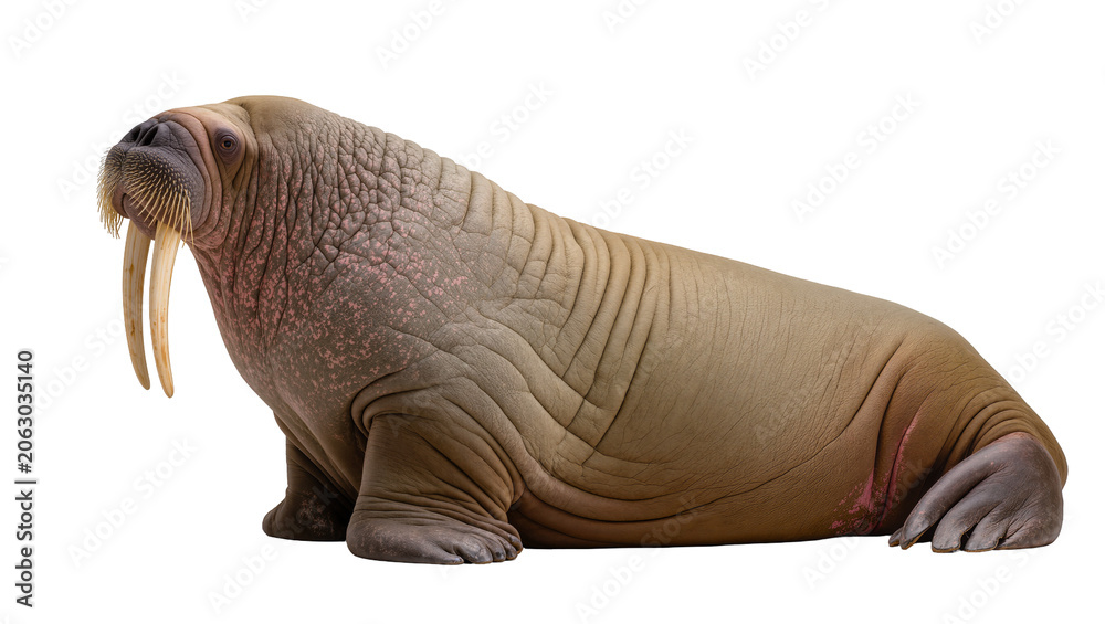 Fototapeta premium Large walrus with tusks and wrinkled skin on white