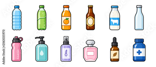 Collection of assorted beverage cosmetic and medical liquid bottles