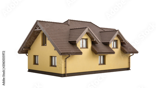 Photos Yellow suburban house with brown tiled roof and dormer windows