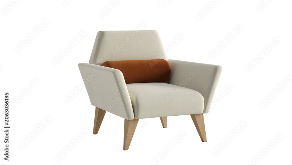 Fototapeta premium Modern armchair with cream upholstery and orange bolster pillow