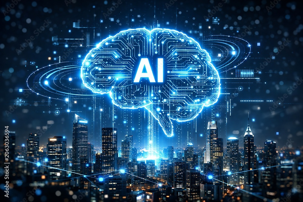 Fototapeta premium AI Powered Smart City and Digital Brain Network Visualization, Generative Artificial Intelligence, Machine Learning, Cloud Computing and Future Technology Innovation Concept