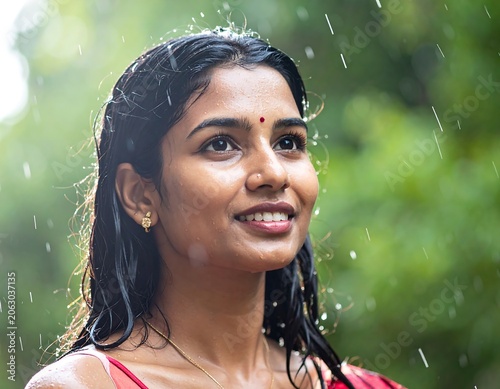 Smiling Young Indian Woman Standing in Rain with Green Nature Background