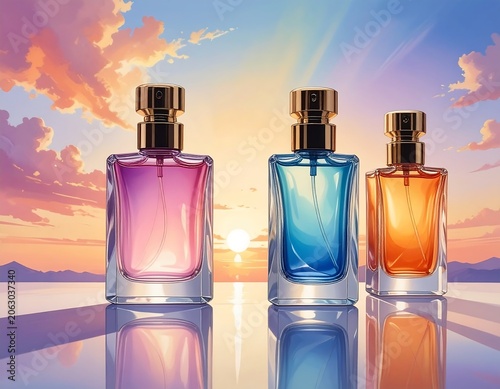 Colorful Glass Perfume Bottles Standing on Reflective Surface at Sunset Seascape