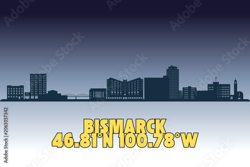 Fotografie Bismarck, North Dakota state skyline silhouette featuring iconic architecture and geographic coordinates on a modern gradient background vector illustration