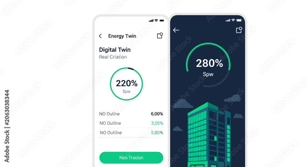 Fototapeta premium Smart Building Energy Twin Mobile App UI Design Interface with Digital Twin Monitoring and Sustainable Management Dashboard Mockup