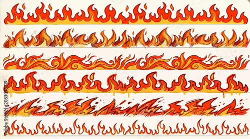 Fotografía Set of retro cartoon fire flames borders and seamless horizontal hot blazing bon
