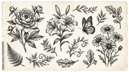 Foto Set of elegant hand drawn botanical illustrations featuring monochrome pencil sk