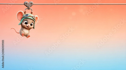 Cute Little Mouse Wearing Aviator Helmet Ziplining on Cable Background with room for Copy Text