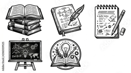 Collection of hand-drawn educational and learning icons.