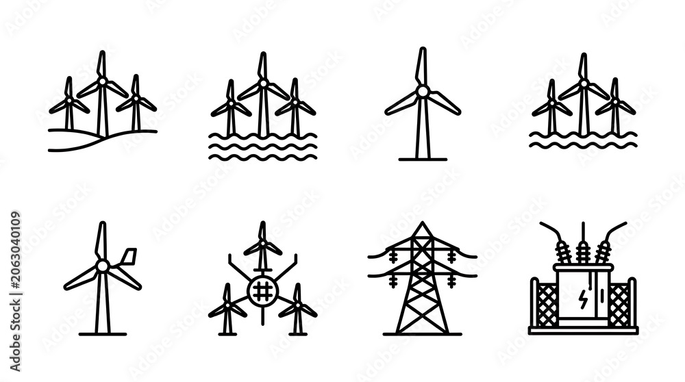 Fototapeta premium Wind farm infrastructure icon set on white background