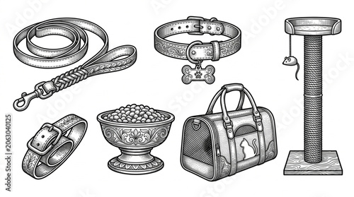 Collection of Pet Accessories and Supplies Hand Drawn Illustration.