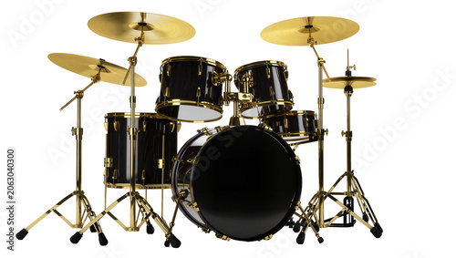Black drum kit with gold hardware and cymbals