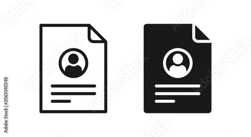 Professional resume or profile document icon set featuring two variations with personal avatar and text lines isolated on clean white background for business.