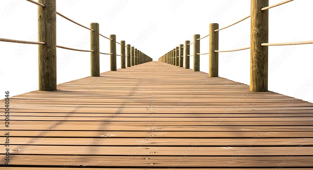 Obraz premium Long wooden bridge with rope railing on white background