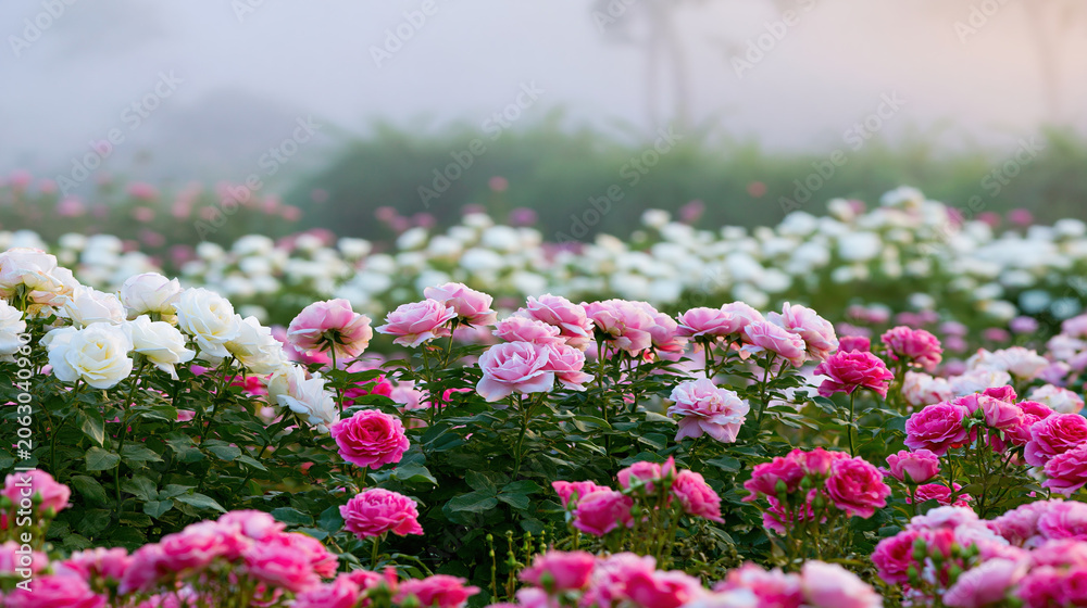 Obraz premium Vibrant Roses in a Lush Garden Field at Sunrise