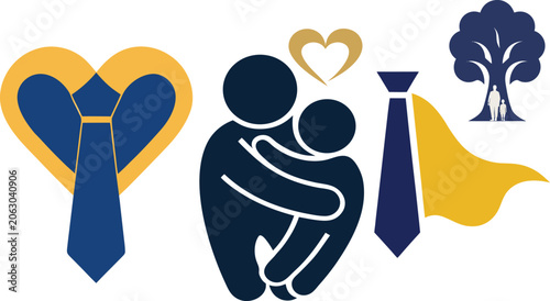 Father's Day Symbols with Hugging Figures Tie and Tree Icon illustration