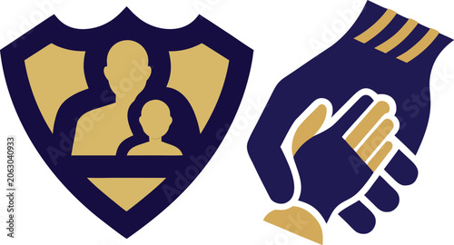 Shield with adult and child silhouettes beside a hand holding a child's hand, in gold and dark blue vector