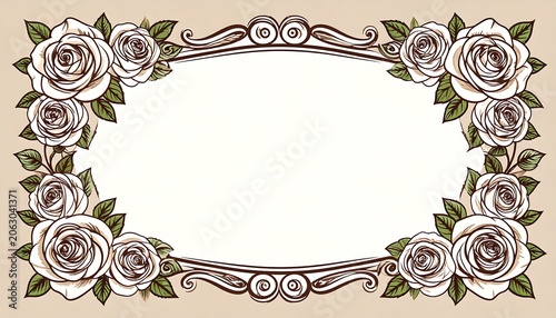 Vintage White Rose Floral Frame with Ornate Scroll Border on Beige Background
