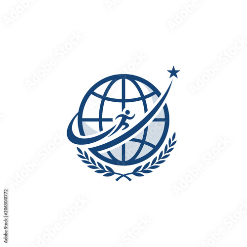 Blue global achievement logo featuring running athlete on world globe with laurel wreath and star for international success and leadership