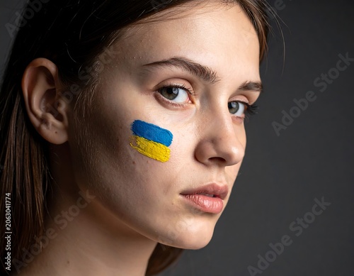 Serious Young Woman with Blue and Yellow Face Paint in Studio Closeup