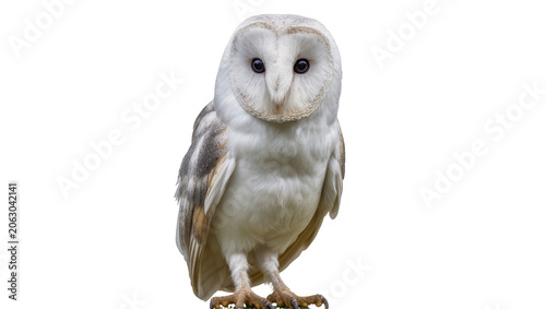Photography Barn owl with white face and dark eyes standing