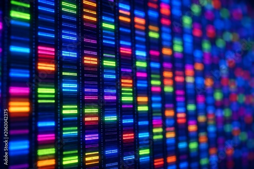 Colorful DNA sequence, genetic code, colorful background, biotechnology concept