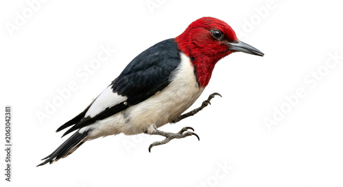 Fényképezés Vibrant red-headed woodpecker perched gracefully in mid-air