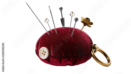 Photos Velvet pincushion with sewing pins and gold flower accent
