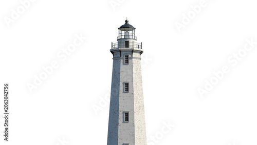 Tall white brick lighthouse with lantern room and windows