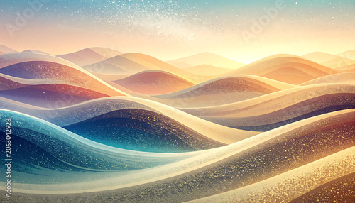 Starlit desert dunes at dusk, golden sand waves under glowing night sky, ethereal landscape, serene desert horizon, mystical nocturnal desert atmosphere