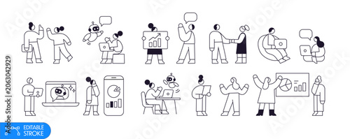 Minimal business people character set with teamwork, communication, AI chatbot, mobile analytics, customer support and professional workflow scenes in outline vector style with editable strokes.