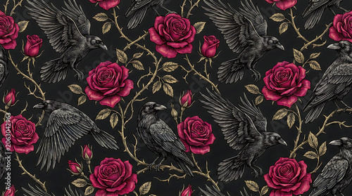 Dark floral pattern with red roses and birds on black background
