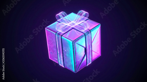 Holographic gift box with ribbon on dark background