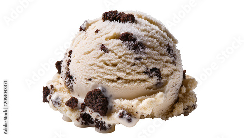 Creamy vanilla ice cream scoop with dark chocolate cookie crumbles