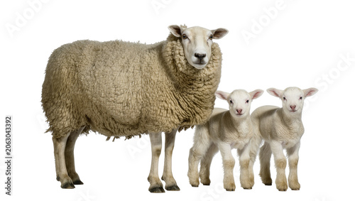 Valokuva Sheep mother with two newborn lambs standing together