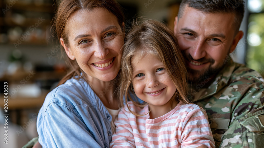 Fototapeta premium Anonymous happy military family having fun together at home, domestic military lifestyle and family joy concept, faceless, defocused, with copy space